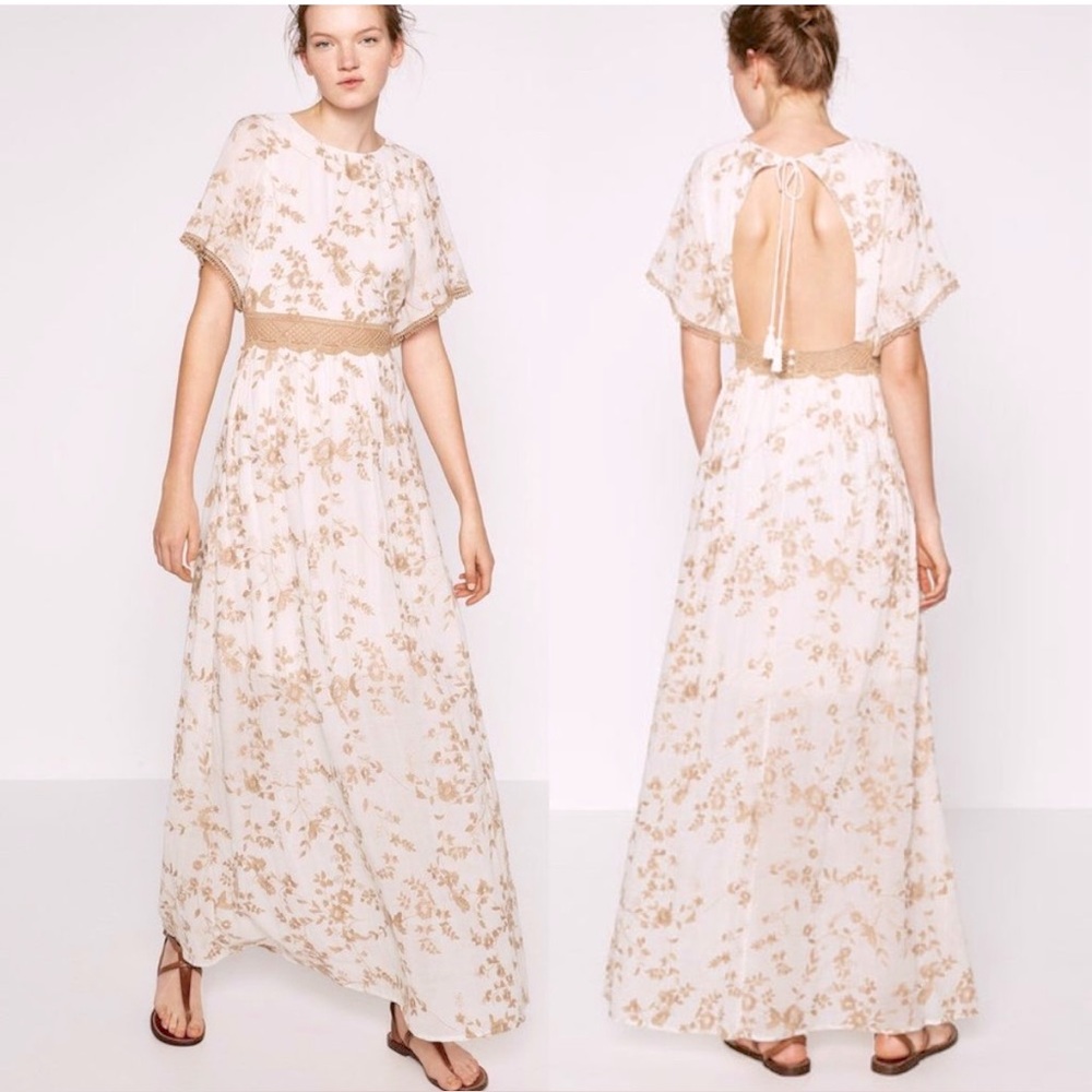 ZARA TRAFALUC FLORAL CROCHET TRIM OPEN BACK MAXI DRESS NWT CREAM/TAN Size M